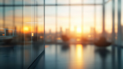 Fototapeta premium Blurred background of a bright modern office interior with panoramic windows and elegant lighting.