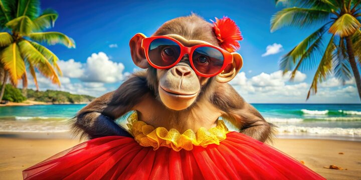 A mischievous monkey wearing a bright red tutu and oversized sunglasses strikes a playful pose on a colorful tropical beach background.