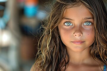 Obraz premium A captivating close-up portrait of a young girl with striking green eyes, naturally wavy hair, and a serene expression, set against a blurred background