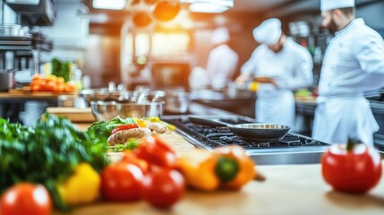 Blurred Restaurant Kitchen Background Featuring Chefs and Cooking Dishes on a Wooden Counter