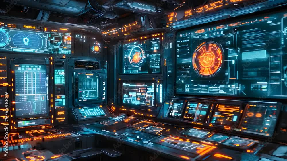 Poster futuristic control room with high-tech digital interface and advanced technology screens for monitor