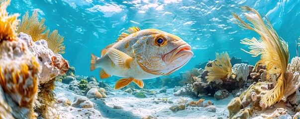 A vibrant underwater scene showcasing a colorful fish swimming among corals, taken in a clear and blue marine environment