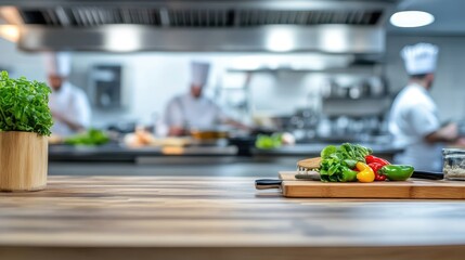 Blurred Restaurant Kitchen Background Featuring Chefs and Cooking Dishes on a Wooden Counter