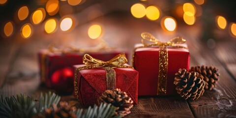 Two red gift boxes with golden ribbon christmas ribbons lights.