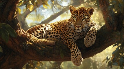 A beautiful leopard resting in the branches of a tree, its sleek coat and watchful eyes blending with the dappled sunlight of the jungle canopy. -
