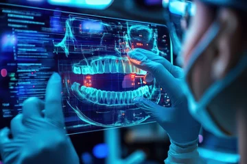 Dentist analyzing 3D dental X-ray on holographic screen © Nejron Photo
