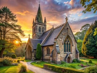 Fototapeta premium A serene, centuries-old stone church stands amidst lush greenery, its Gothic spire and stained glass windows radiant in the warm, gentle light of dawn.