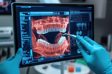 Dentist examining detailed dental X-ray on a screen