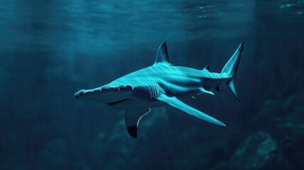 Fototapeta premium A captivating shot of a hammerhead shark swimming gracefully through the water, with its distinctive head shape and streamlined body.