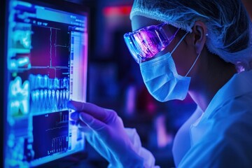 Dental professional analyzing X-ray on monitor screen