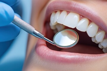Close-up of a dental check-up with mouth mirror tool