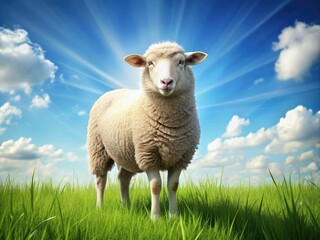 Obraz premium A serene illustration of a fluffy white sheep standing peacefully in a lush green meadow with a sunny blue sky background.