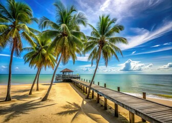 A serene sandy beach with wooden jetties and palm trees against a vibrant blue sky at Western Desaru, a tranquil coastal area in Johor, Malaysia.