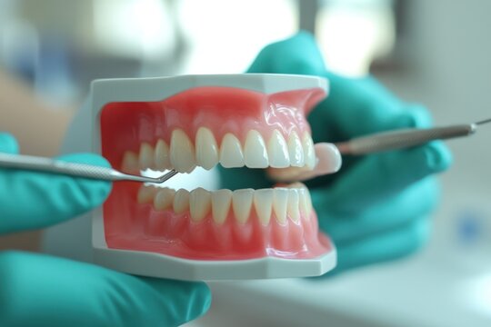 Dental model with hands holding dental instruments