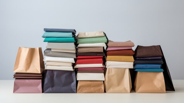 A stack of recycled paper bags with various textures and colors