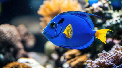 Naklejka premium A close-up of a vibrant blue tang fish among coral reefs, its bright colors and striking patterns adding to the underwater allure.