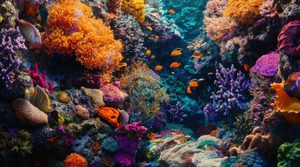 Fototapeta premium A close-up of a vibrant, multi-colored coral garden teeming with small fish and marine life, showcasing the beauty of underwater ecosystems.