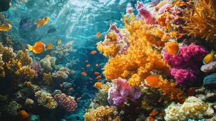 Fototapeta premium A close-up of a vibrant, multi-colored coral garden teeming with small fish and marine life, showcasing the beauty of underwater ecosystems.