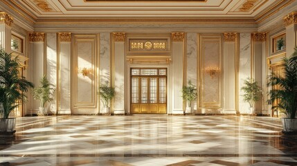 An elegant financial institution with marble floors and gold accents