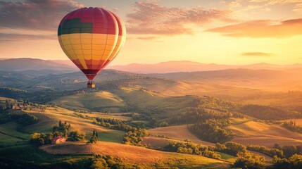 Obraz premium Vibrant Hot Air Balloon Above Serene Rolling Hills at Dawn, A picturesque scene featuring a bright balloon soaring gracefully in the early morning light over lush landscapes.