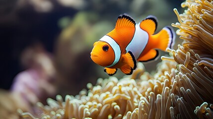 A colorful clownfish darting in and out of a sea anemone, its orange and white stripes vivid against the water.