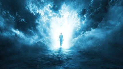 A dramatic escape scene with a god fleeing from the darkness, a gateway of light opening up ahead, symbolizing a return to the world of the living, dynamic and intense lighting.