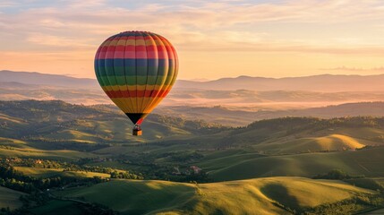 Fototapeta premium Vibrant Hot Air Balloon Over Serene Hills at Sunrise, a picturesque scene showcasing a kaleidoscope of colors against a tranquil landscape illuminated by the dawn sky