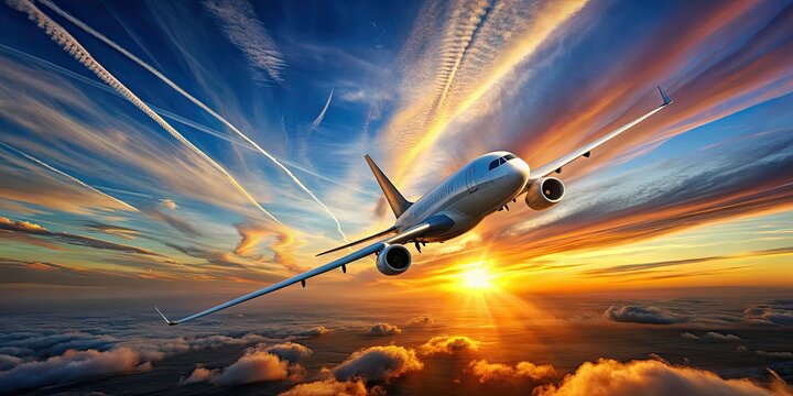 A sleek silver commercial airliner soars through a vibrant blue sky with wispy clouds, leaving a contrail, against a stunning sunset backdrop with warm orange hues.