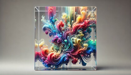 An abstract artwork featuring vibrant, fluid-like forms suspended in a clear, glass-like rectangular container