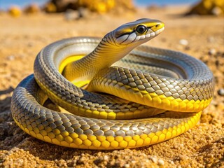 A sleek Western Yellow-bellied Racer snake coils on sun-baked sand, its vibrant yellow underside and grayish-brown back glistening in the warm desert landscape light.