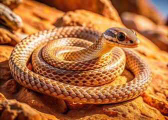Obraz premium A slender, patterned western lyre snake coils on a rust-hued rock, its eyes fixed intently, its intricate scales glistening in warm, golden desert light.