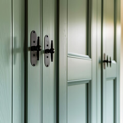 Fototapeta premium Elegant green wooden cabinet doors with black handles create stylish and modern look, perfect for enhancing any interior space. smooth finish and sleek design add touch of sophistication