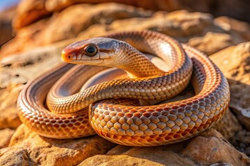 Fototapeta premium A slender, rust-colored Western patch-nosed snake coils on a desert rock, its distinctive patch-like markings and upturned nose evident in the warm afternoon sunlight.