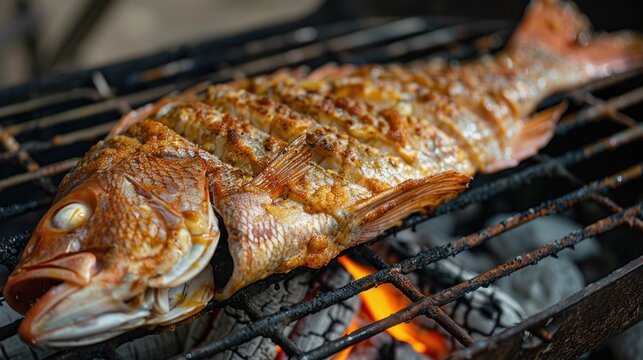 A whole grilled red snapper on a charcoal grill, with crispy skin and flaky white meat