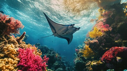 A dramatic underwater view of a manta ray swimming over a coral reef, its broad wings creating an impressive and graceful image.