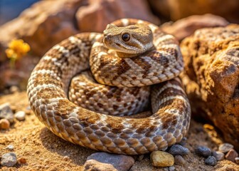 Fototapeta premium A small, venomous western pygmy rattlesnake coils on a rocky outcrop, its brown and tan scales blending into the arid desert landscape's rustic beauty.