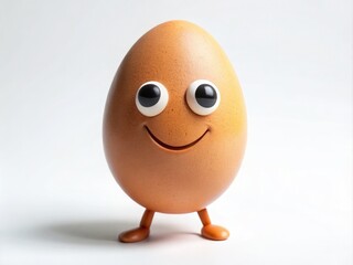 Fototapeta premium A smiling anthropomorphic egg with googly eyes and a cheeky grin stands upright on a white background, evoking a playful and whimsical atmosphere.
