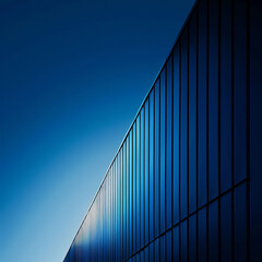 Obraz premium A modern building with sleek lines and striking blue facade stands against clear sky, showcasing contemporary architecture and design. interplay of light and shadow adds depth to structure