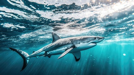 Fototapeta premium A great white shark swimming close to the ocean surface, its dorsal fin cutting through the water.