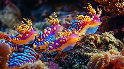 A group of colorful nudibranchs (sea slugs) crawling across the reef, with their vibrant hues and intricate patterns clearly visible.