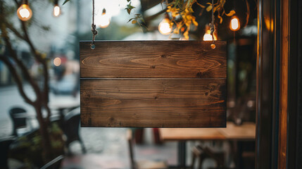 Blank empty wooden door hanger (hanging banner or signboard) with suction cup (vacuum wall hook, sucker) that grips smooth glass surface. Use for Info, message, communication, advertisement concept.