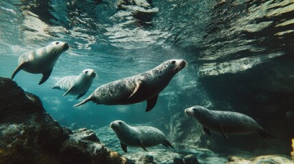 Fototapeta premium A group of playful seals swimming underwater near a rocky shoreline.