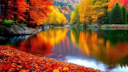 Vibrant autumn forest reflecting on a calm lake surrounded by colorful leaves creating a peaceful landscape