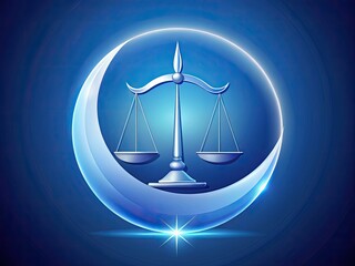 A stylized illustration of the Libra astrological symbol, featuring a crescent moon shape with a horizontal bar, against a soft, gradient blue background.