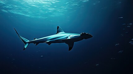 Obraz premium A hammerhead shark swimming gracefully in deep ocean waters, surrounded by smaller fish.