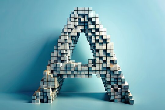 A stylized, modern alphabet "A" made up of tiny cubes, geometric shapes, and subtle shadows, conveying creativity, innovation, and precision in a futuristic design element.