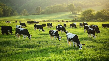 Fototapeta premium A herd of cows grazing in a green field, part of a sustainable dairy farm operation.