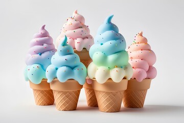 pastel ice cream cones, dreamy dessert, colorful frozen treats, whimsical ice cream art, soft and creamy texture