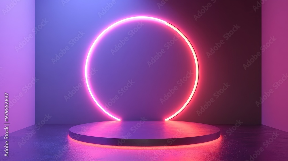 Poster minimalist circular podium illuminated by soft neon light, surrounded by subtle, modern design eleme