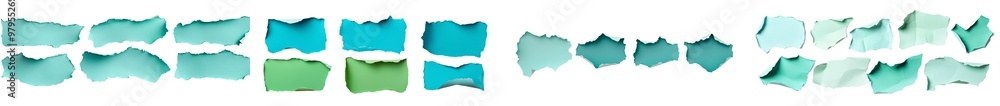 Poster set of several transparent cutouts with crushed wrinkle scrunch old tear crumple rip edges with turq